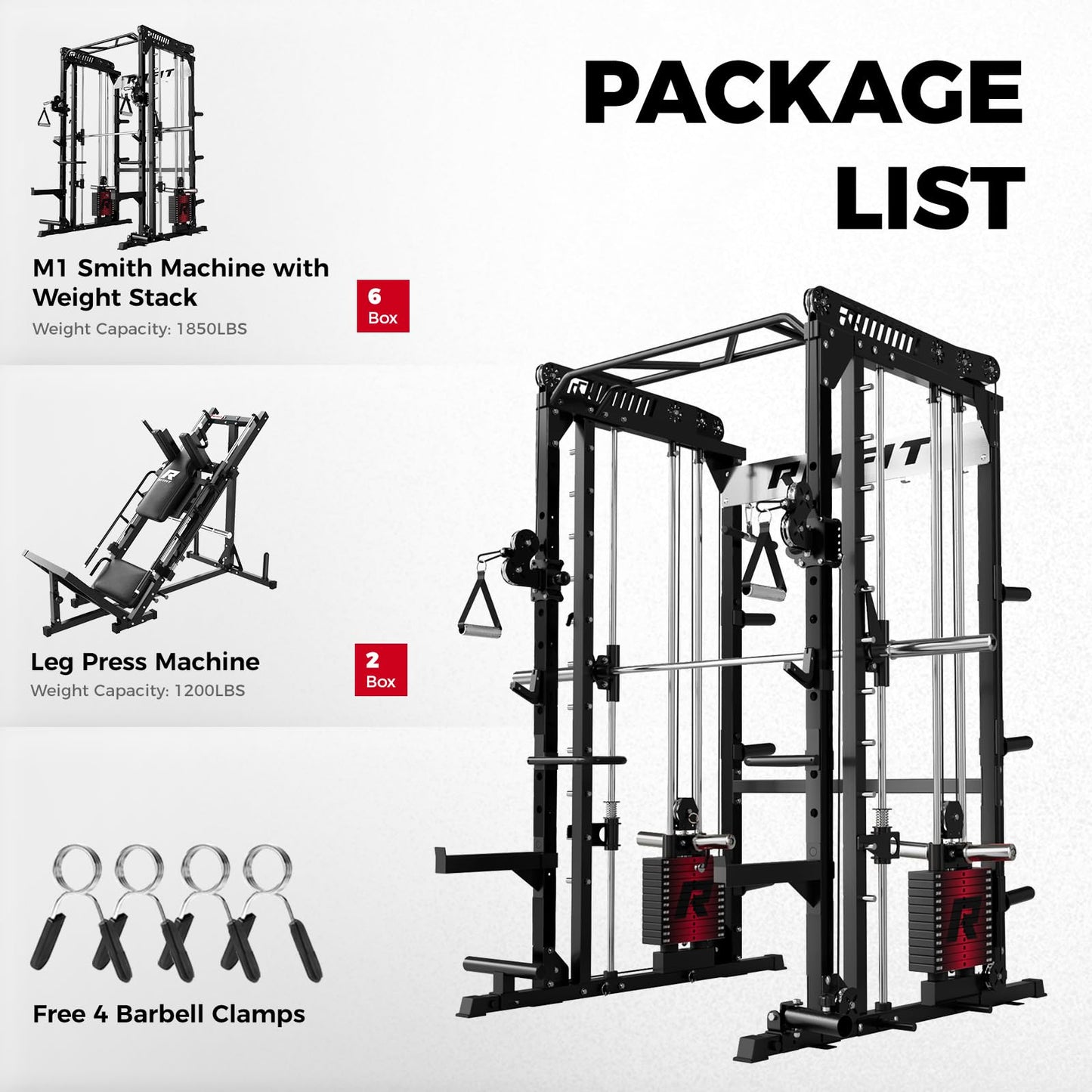 RitFit M1 Pro Smith Machine Package, All-in-One Power Cage with Weight Stack Set, Includes LAT Pulldown & Cable Crossover System for Home Gym