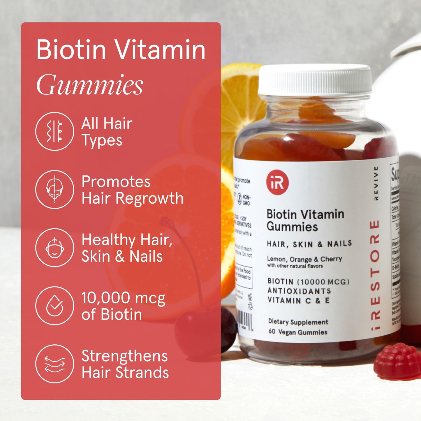 iRestore Biotin Gummies 10,000 mcg - 3 Natural Fruit Flavors, Hair Vitamins Multi Supplement for Hair Skin and Nails for Women & Men, 60 Vegan Gummies, 30 Day Supply