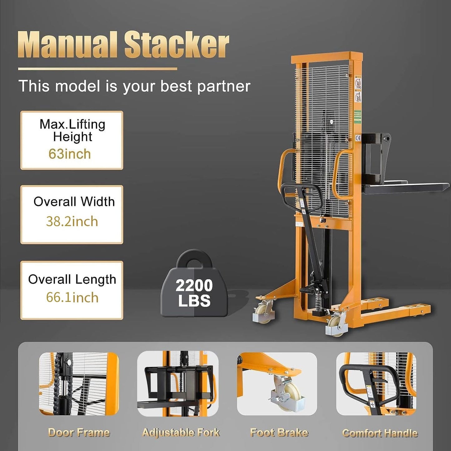 Aequanta Manual Pallet Fixed Leg Stacker Material Lifter Forklift 2200Lbs Capacity 63" Lifting Height Suitable for Open Bottom Pallet