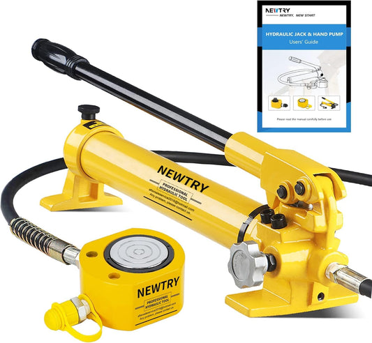 NEWTRY 100 ton Hydraulic Ram Jack + CP-700 Hydraulic Hand Pump Low Profile Porta Power Kit Single Section Mini Jack 0.78’’ Stroke Industrial Hydraulic Cylinder