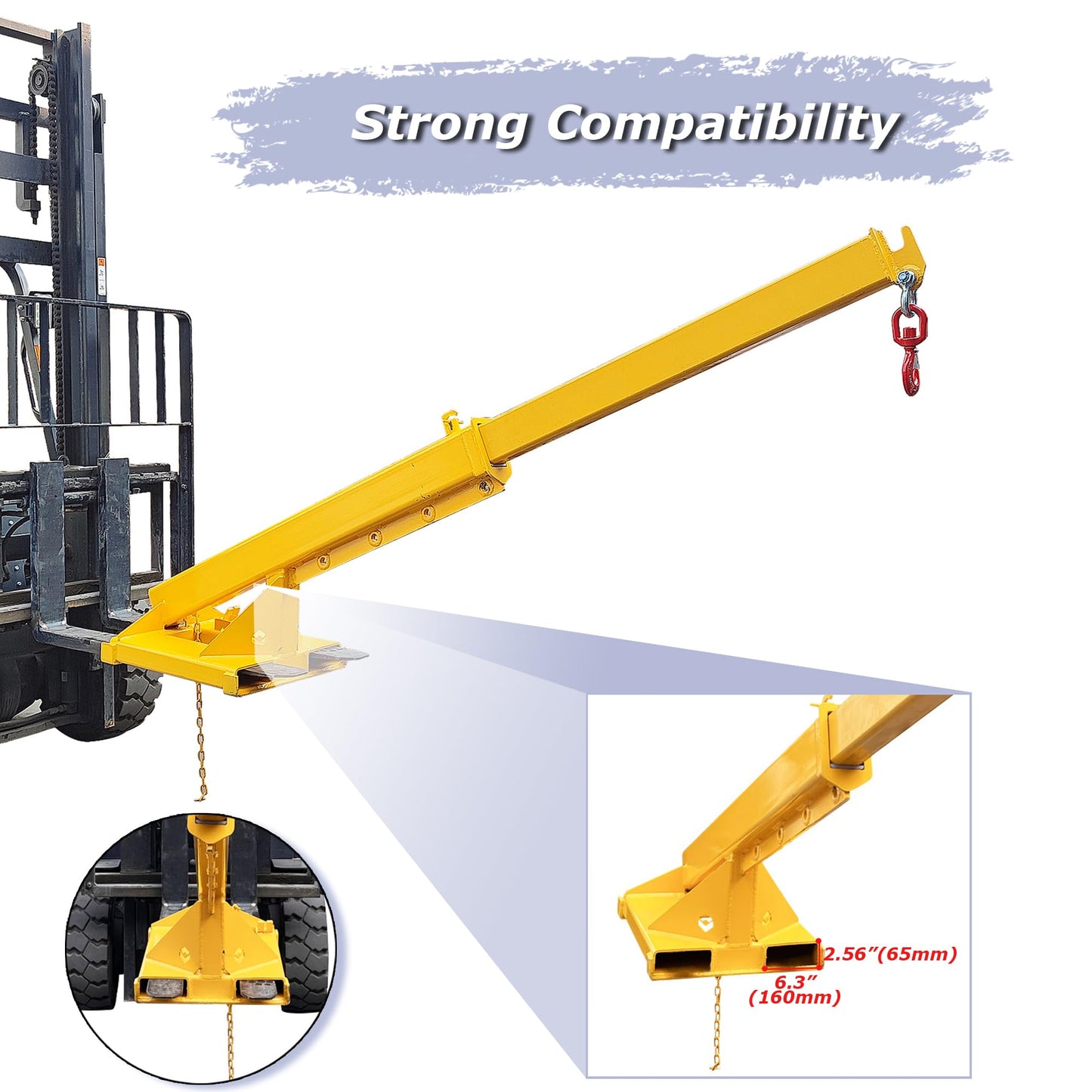 Adjustable Forklift Jib Boom Crane, 6600LB/3T Forklift Mobile Crane, Forklift Crane Attachment with Truss Hoist Jib Boom Hook, 63-98 in Forklift Telescopic Arm