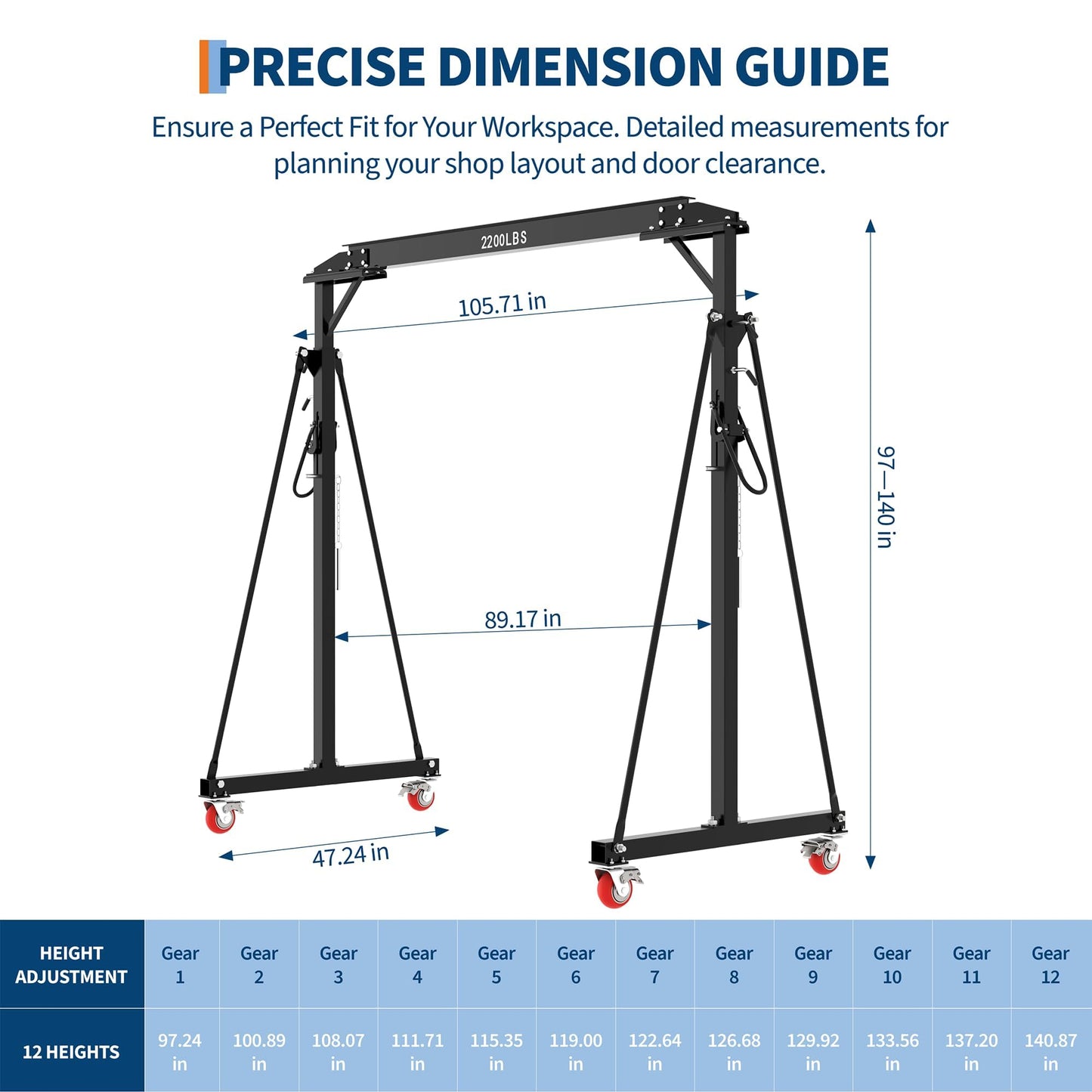 Adjustable Gantry Crane 1 Ton 2200 Lb, 12 Height Positions 97-141 in, Triangle Base a-Frame, Heavy Duty Steel i-Beam, Portable Lifting Crane for Warehouse, Shop, Construction