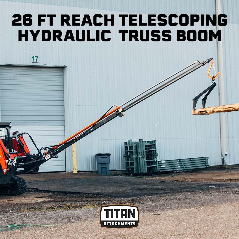 Titan Attachments Telescoping Hydraulic Truss Boom Jib Crane, Hydraulic Boom Pole Extends 26 FT, Fits Skid Steer SSQA, Lift Hay Bales, Trusses, Beams, & More, Accessories for Skid Steers