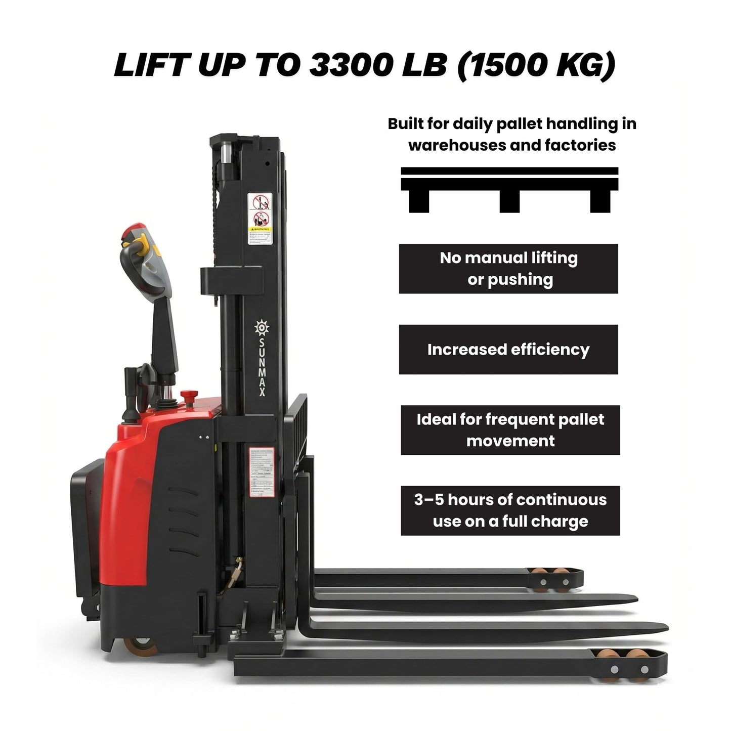 SUNMAX PS3300FEAS-3M Fully Electric Pallet Stacker, 3300 lb Capacity, 118" Lift Height, Walk-Behind Warehouse Stacker with Adjustable Straddle Legs