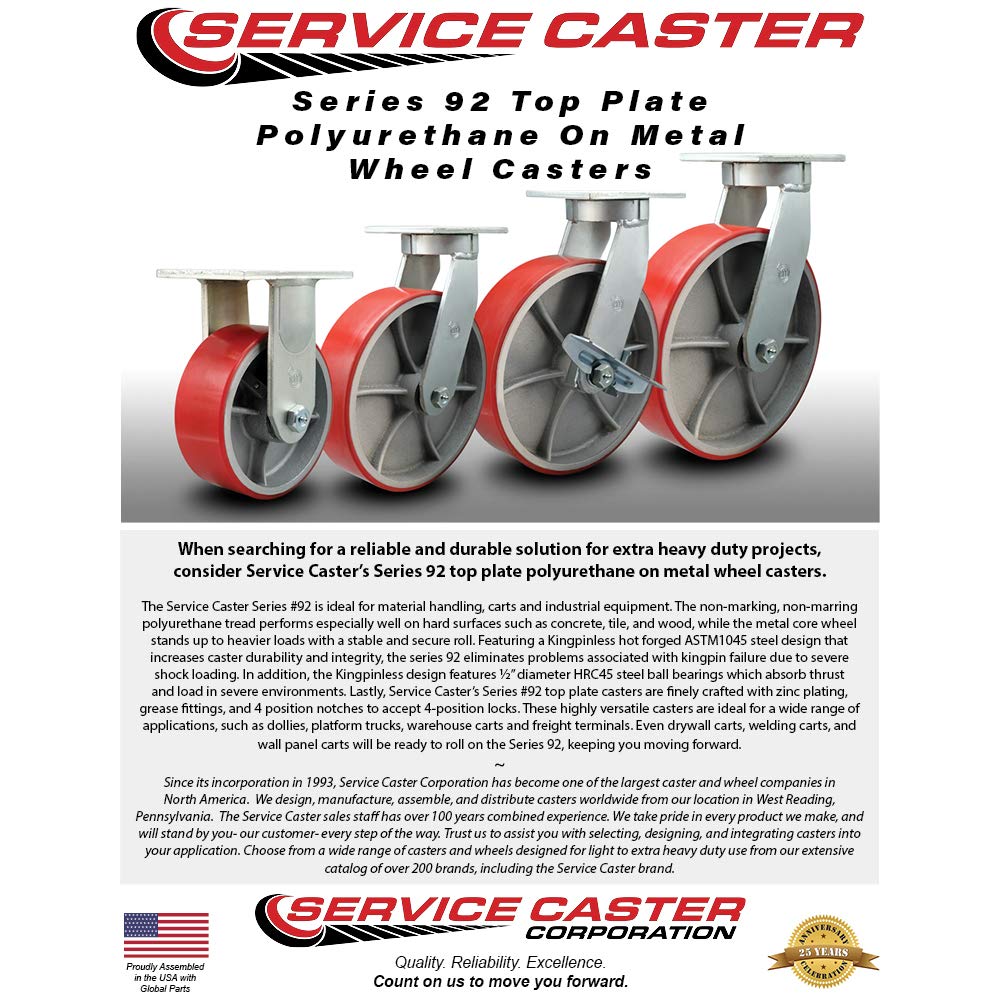 Extra Heavy Duty 6” x 3” Red Polyurethane on Cast Iron Swivel Caster Set for Cranes, Gantries, Hoists, and Winches - 4 Swivel Casters – 2,000 lbs Per Caster – Set of 4 - Service Caster Brand