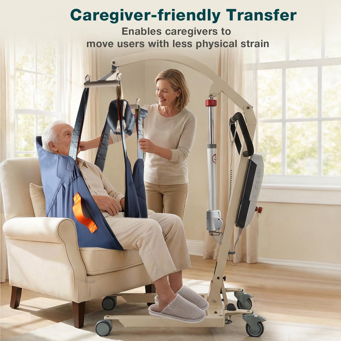WHLICKS Electric Patient Lift with Divided Leg Sling – 400LBS Heavy Duty Transfer Chair for Elderly, Full-Range Open Base Slides Under Bed/Chair, Fast Folding Homecare Lift with Braked Casters