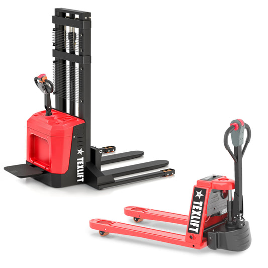 Full Electric Forklift Walkie Pallet Stacker with Stand 3300 Lb Capacity 118 Inch Lifting Height and Full Electric Power Pallet Jack 4400 Lb Capacity 48” L x 27” W Fork Size