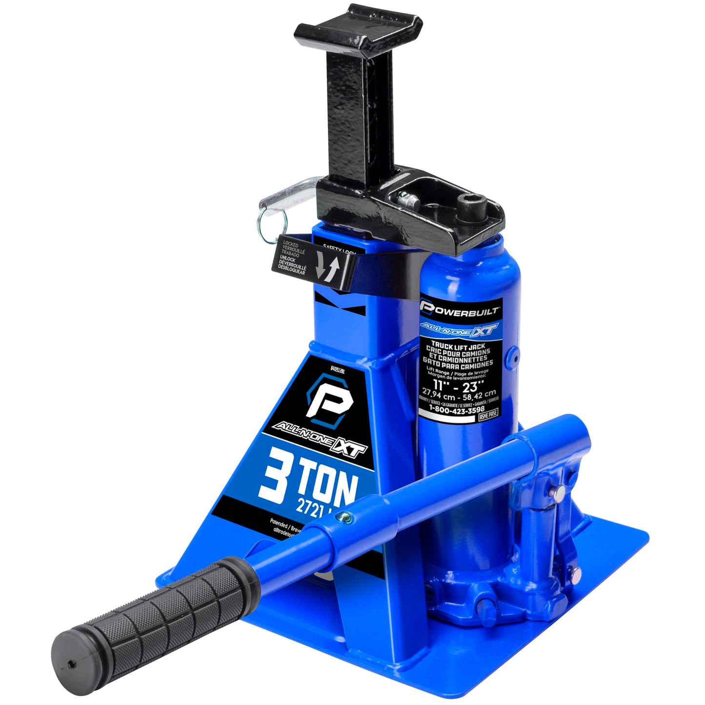 POWERBUILT 3 Ton All-in-One Hydraulic Bottle Jack and Jackstand in One, Compact, Wide Base, 11-21 inch Range, Eliminates Jackstands, for Trucks, SUVs, RVs, Trailers, Not for Sedans (Blue) 640912BL
