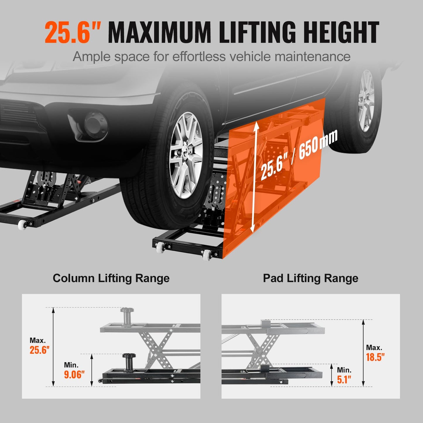 VEVOR Portable Car Lift - 5,000 LBS Capacity, Extended-Length Plates, 25.6" Max. Height, Heavy-Duty Carbon Steel Truck Lift with 120V Power Unit
