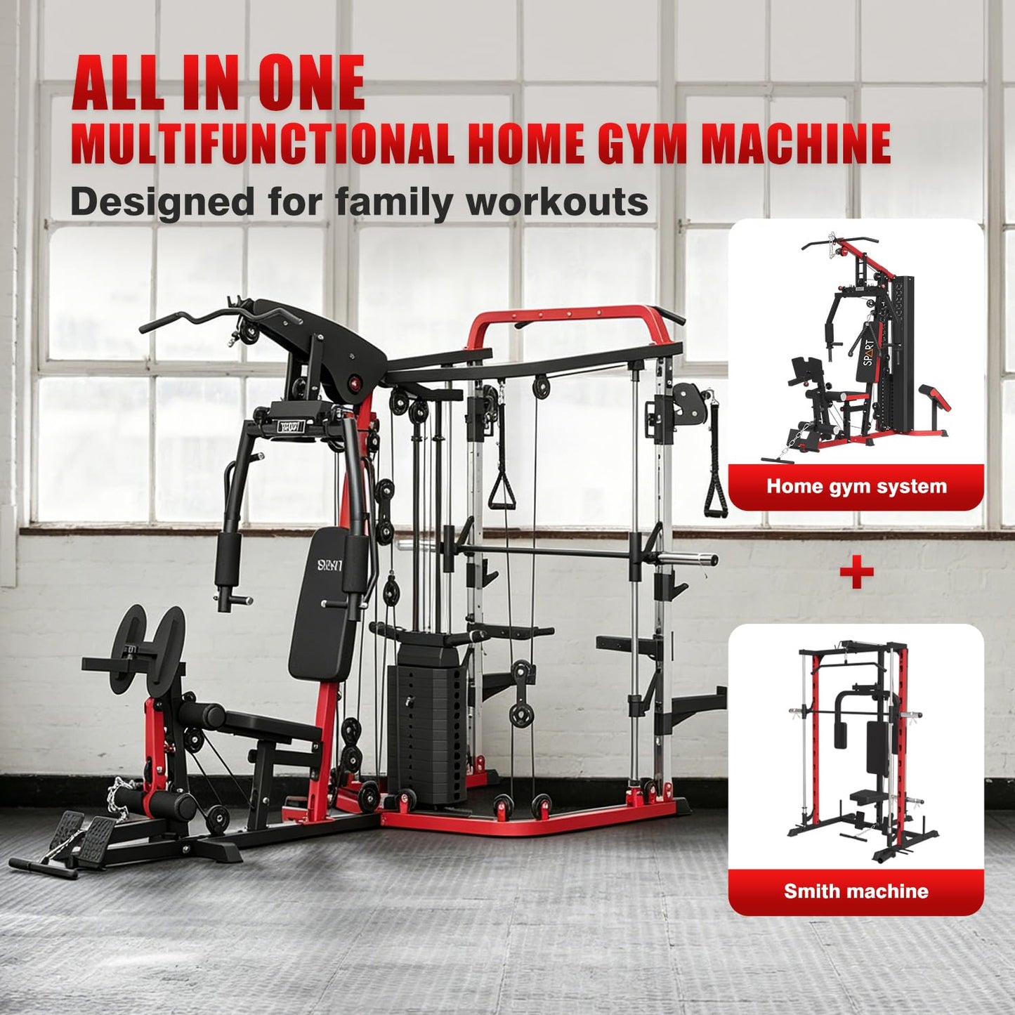 SPART All-in-One Home Gym Workout Station,Smithe Machine Home Gym Power Cage,Professional Functional Trainer for Couples & Family Strength Training,Leg Press, LAT Station for Full Body Training, Red