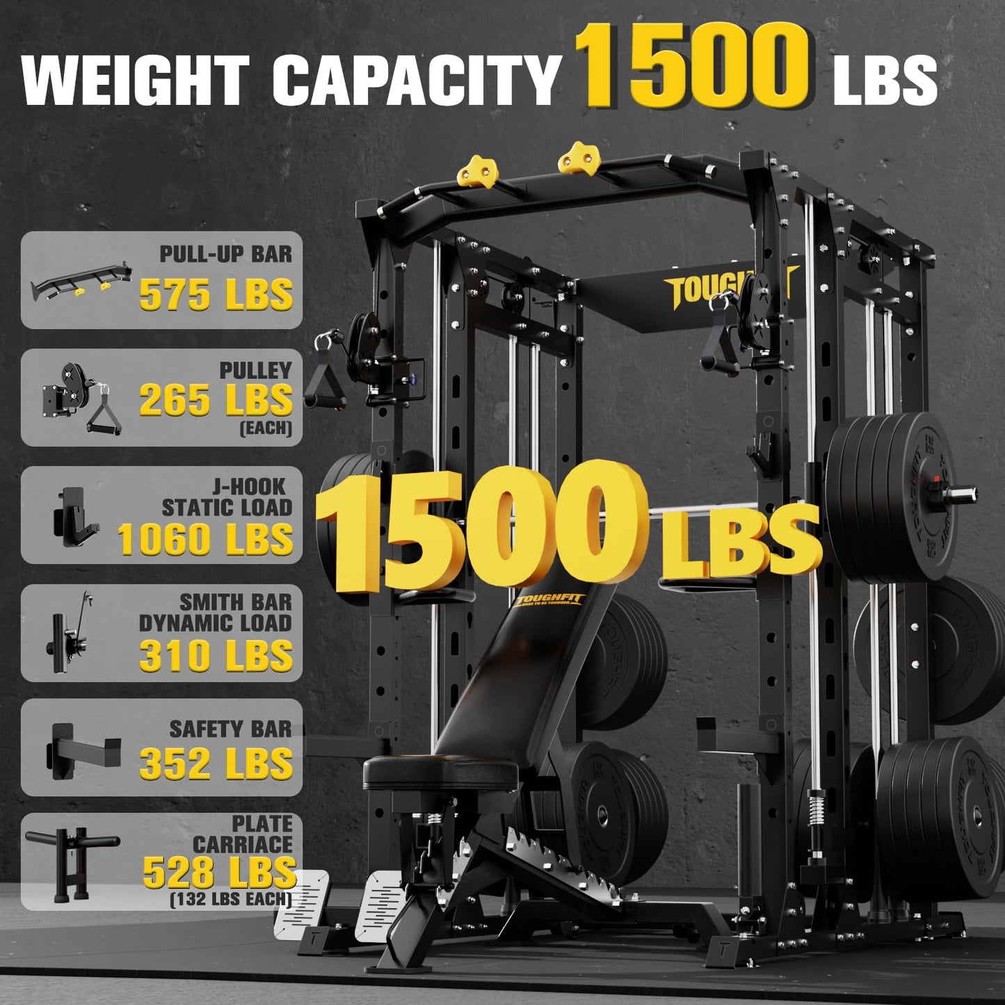 ToughFit F4 Smith Machine, Power cage with Adjustable Cable Crossover System, All-in-One Squat Rack Training Equipment for Home Gym