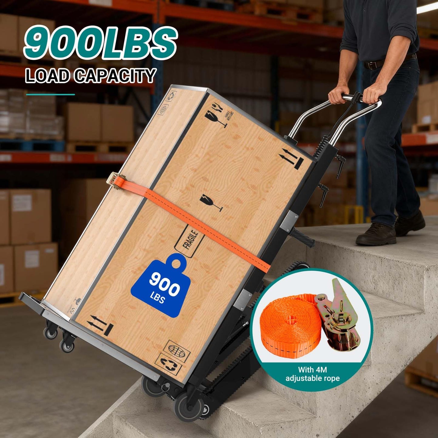 Electric Stair Climbing Dolly, 1250w Electric Hand Trucks Foldable, Large Capacity Stair Climbing Hand Trucks Dolly Cart with 4m Safety Rope, for Mobile Furniture Logistics Warehouse (Black+Silver)