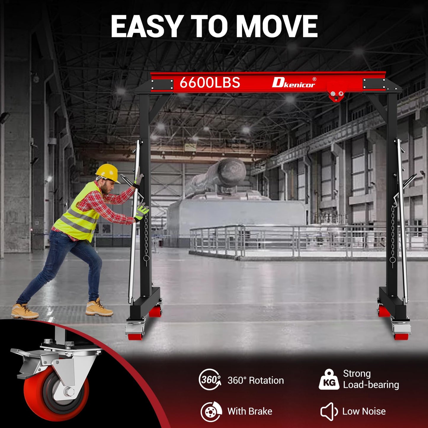 Dkenicor 3 Ton (Max.6600 LBS) Gantry Crane, Adjustable Height 8.53-12.47ft, Heavy-Duty Steel I-Beam Portable Hoist for Factories, Warehouses, Auto Repair, Construction, Red