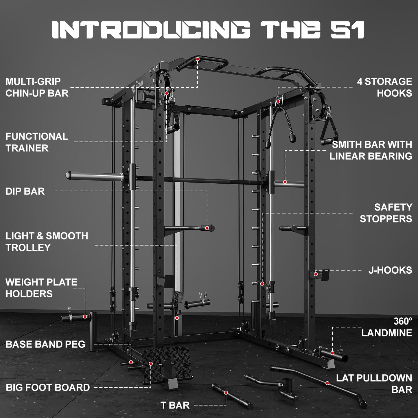 Goimu S1-V4 Smith Machine, 2000LBS Power Cage with Cable Crossover System, All-in-One Squat Rack with Smith Bar, Strength Training Equipment for Hone Gym (Red Smith Machine wiht 220lb Weights)
