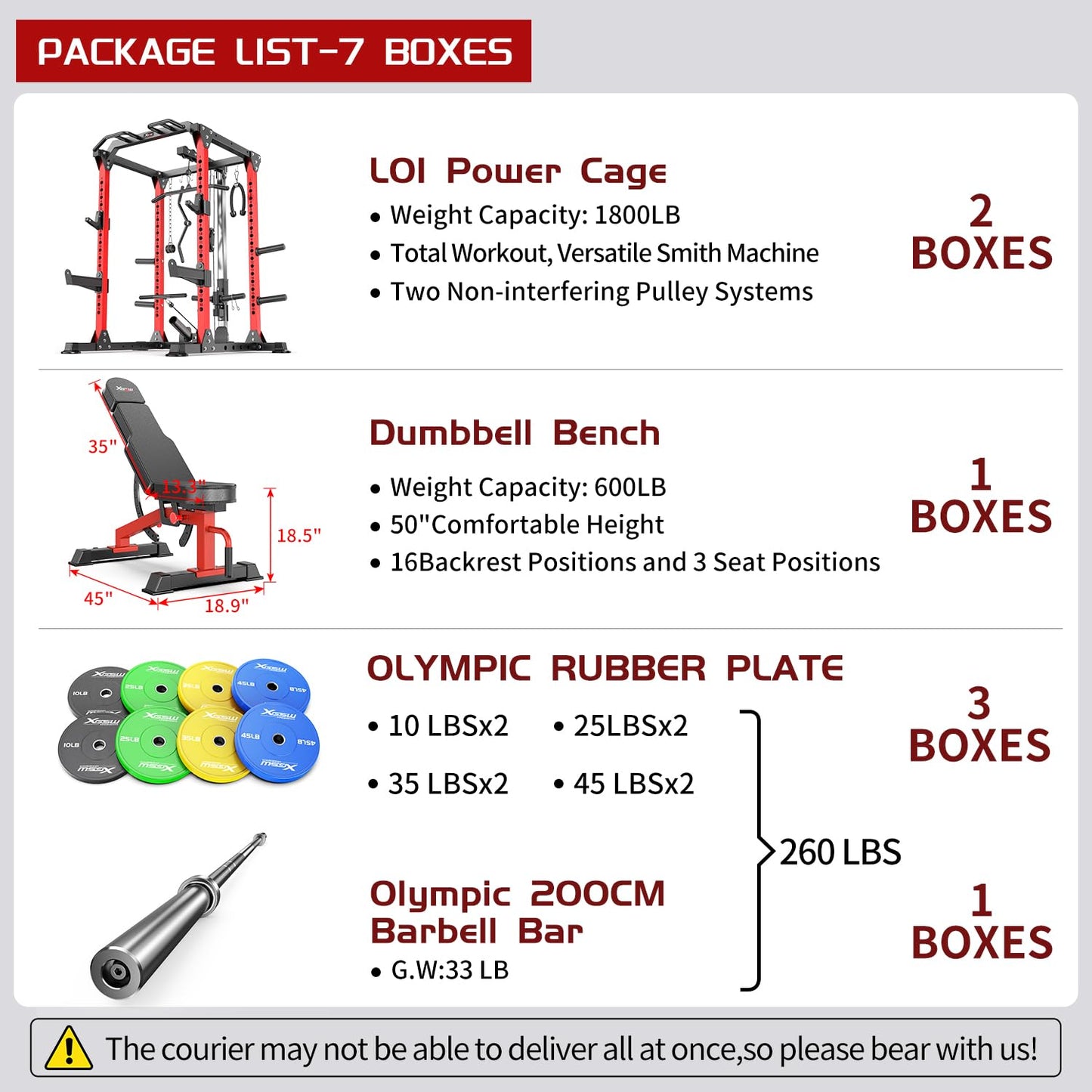 XGSW XINGESIWR Multi-Purpose Squat Rack,Smith Machine Weight Rack Set with Cable Crossover System, Home Gym Power Racks, Power Racks and Packages (L01, Power cage Red+Bench+Color BP 230LBS)