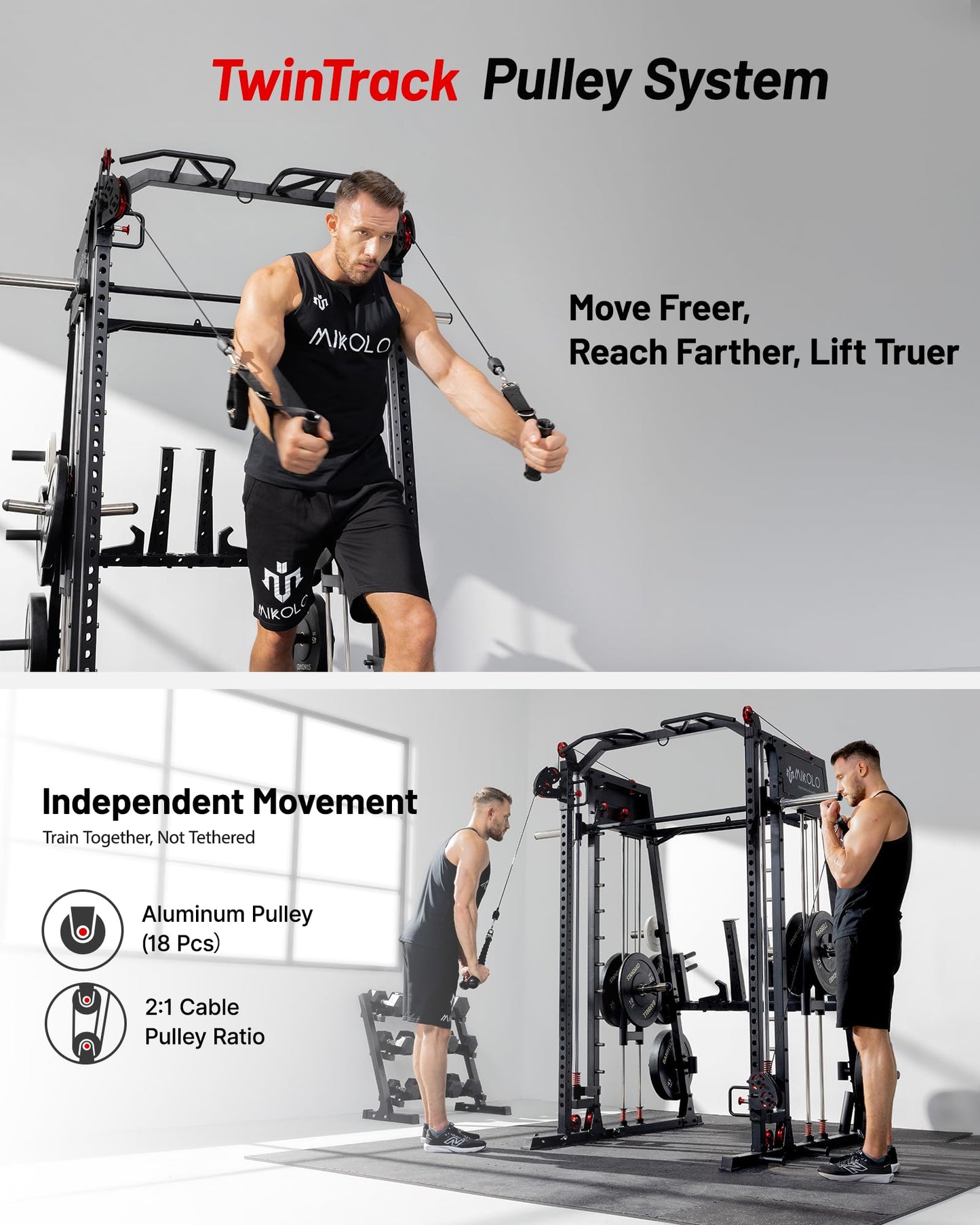 Mikolo M4 2.0 Ultra Smith Machine with 230 lbs Bumper Weight Plates, Multi-Function Squat Rack with LAT-Pull Down System & Cable Crossover Machine, Home Gym Equipment, Black