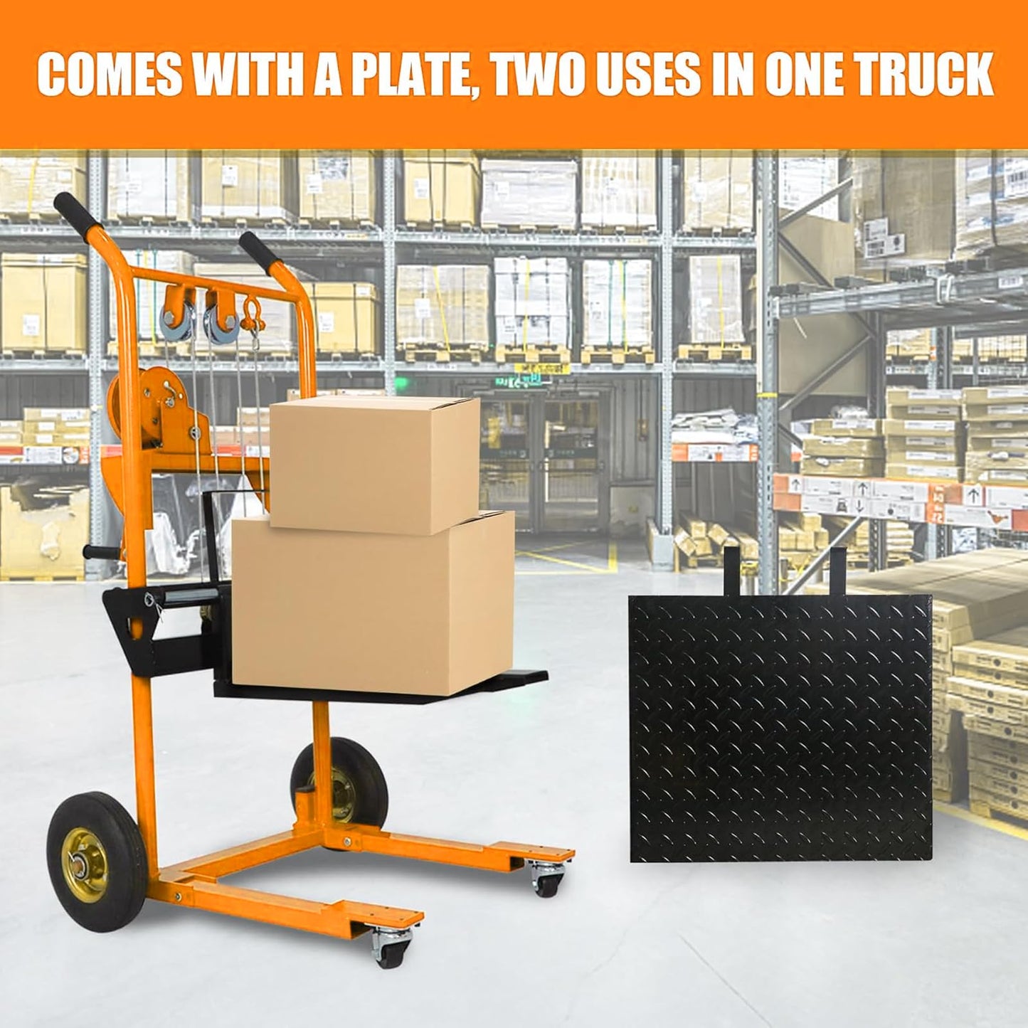 Tory Carrier Material Lift Winch Stacker, 440 lbs Capacity Pallet Stacker, 35.4" Lifting Height, Pallet Truck Dolly, Swivel Casters Lift Table Cart, Forklift with Steel Platform(Yellow)