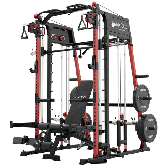 Mikolo M4 2.0 Ultra Smith Machine with 230 lbs Bumper Weight Plates, Multi-Function Squat Rack with LAT-Pull Down System & Cable Crossover Machine, Home Gym Equipment, Red