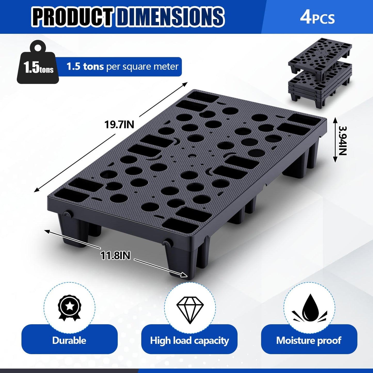 Singhoow 4 Pcs Plastic Pallets for Basement Storage Nestable Moisture Waterproof Lightweight Floor Pallets with Breathable Grid for Indoor Outdoor Supermarket Warehouse (19.6 x 11.8 x 3.9 Inch,Black)