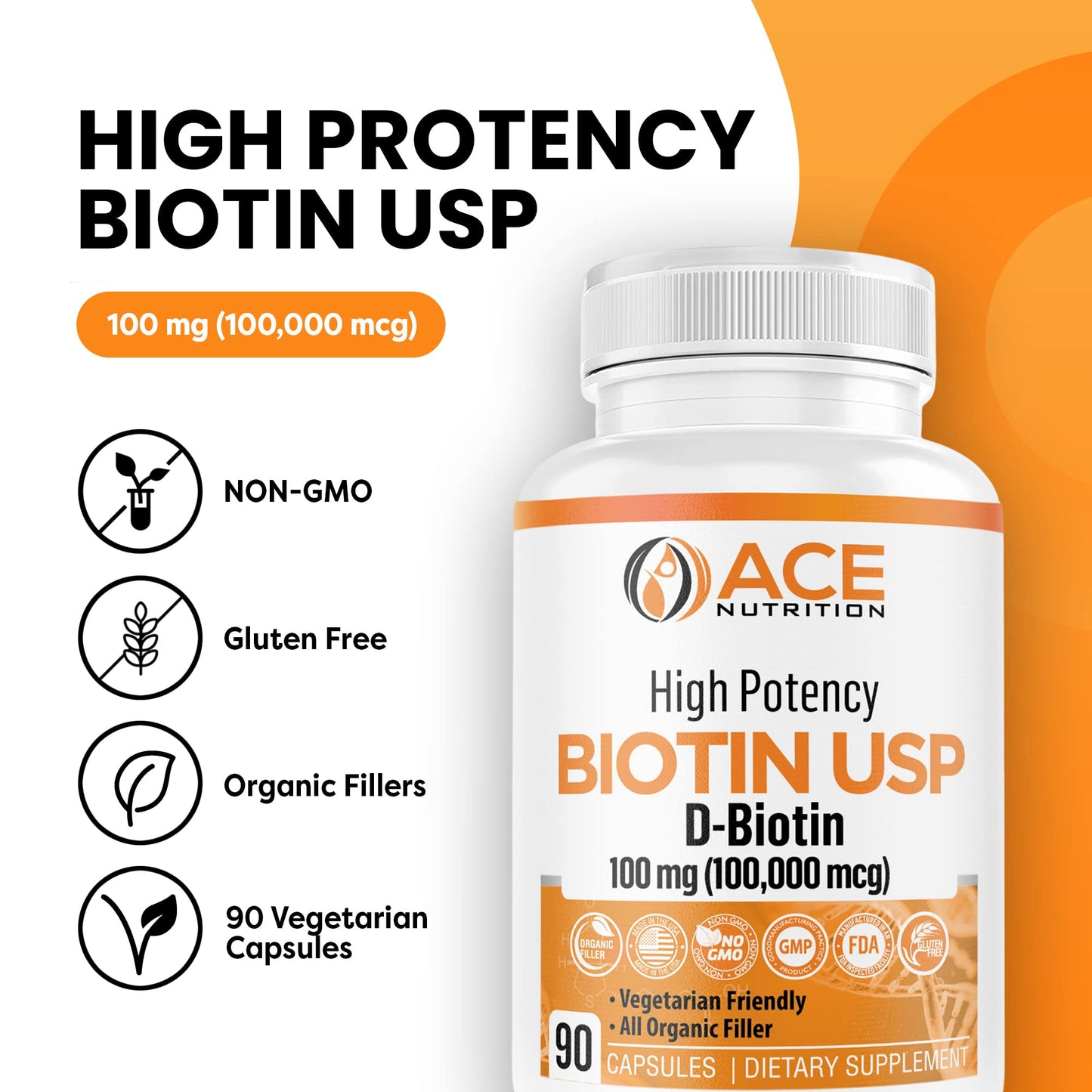 Ace Nutrition High Potency Biotin USP (D-Biotin 100,000mcg) - Superior Biotin, Organic Rice Flour, Vegetarian Capsules For Hair, Skin, & Myelin Health, Made in the USA (100mg/90 Capsules)