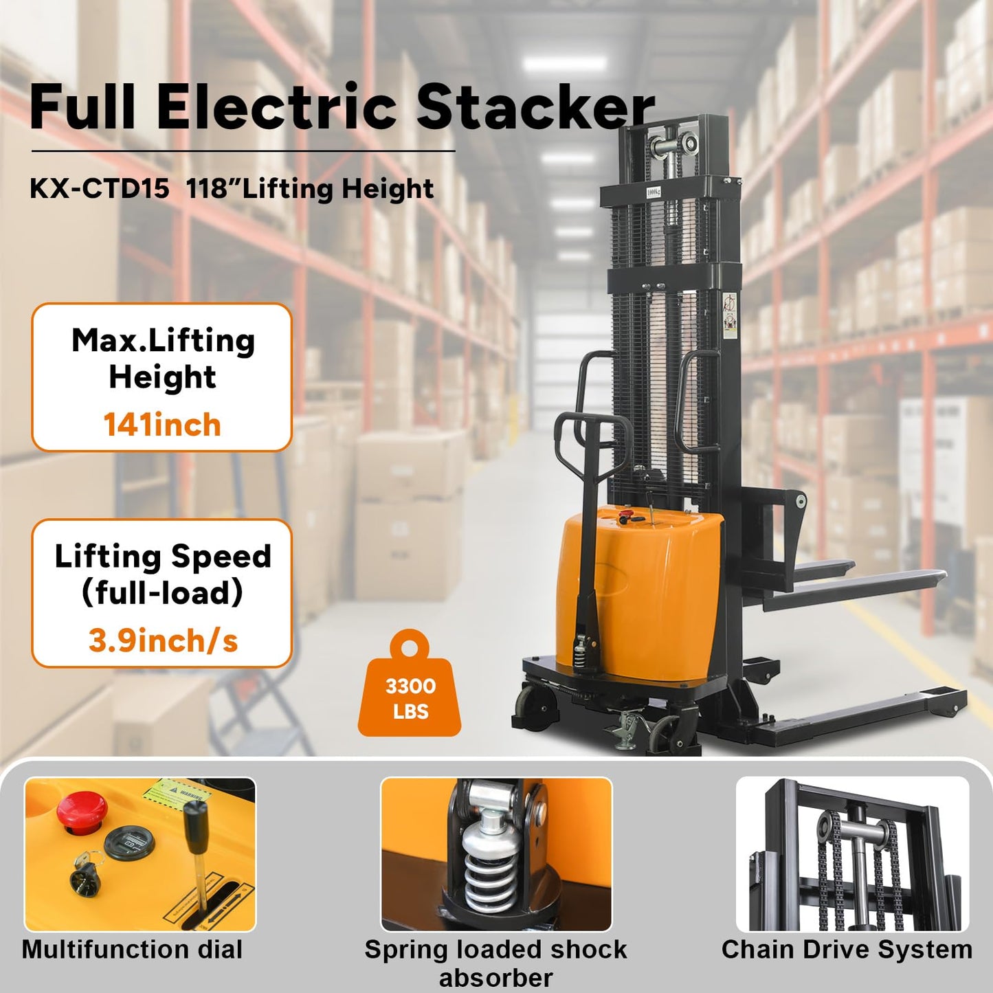 KAIXUN Semi Electric Stacker, 118'' Lifting Height 3300lbs Capacity Pallet Stacker, Straddle Legs Material Lifter with Adjustable Forks for Warehouse