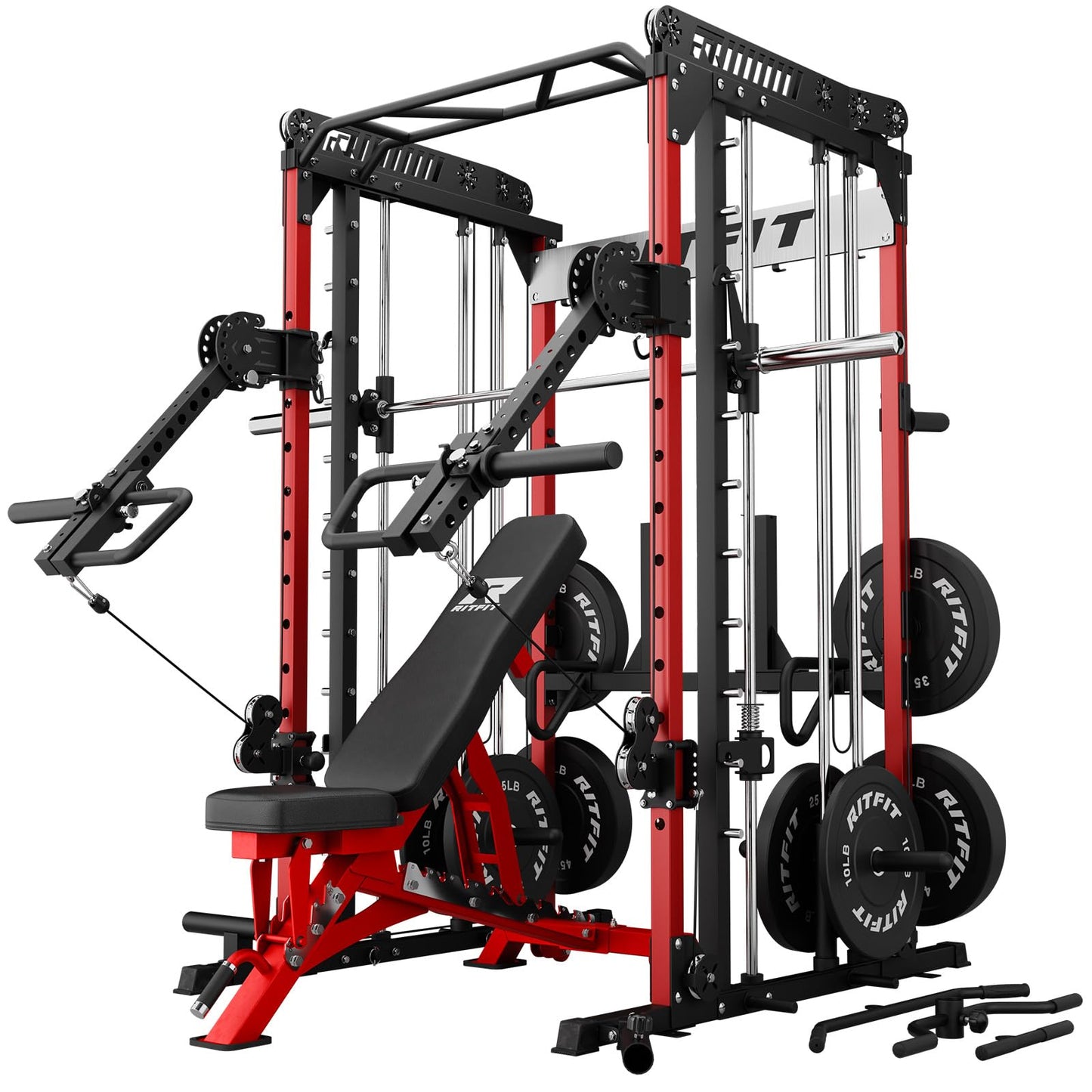 RitFit M1 Pro Smith Machine with LAM1 Adjustable Lever Arm Attachment, All-in-One Power Cage, Power Rack with LAT Pulldown & Cable Crossover System for Home Gym(Red,BP230)