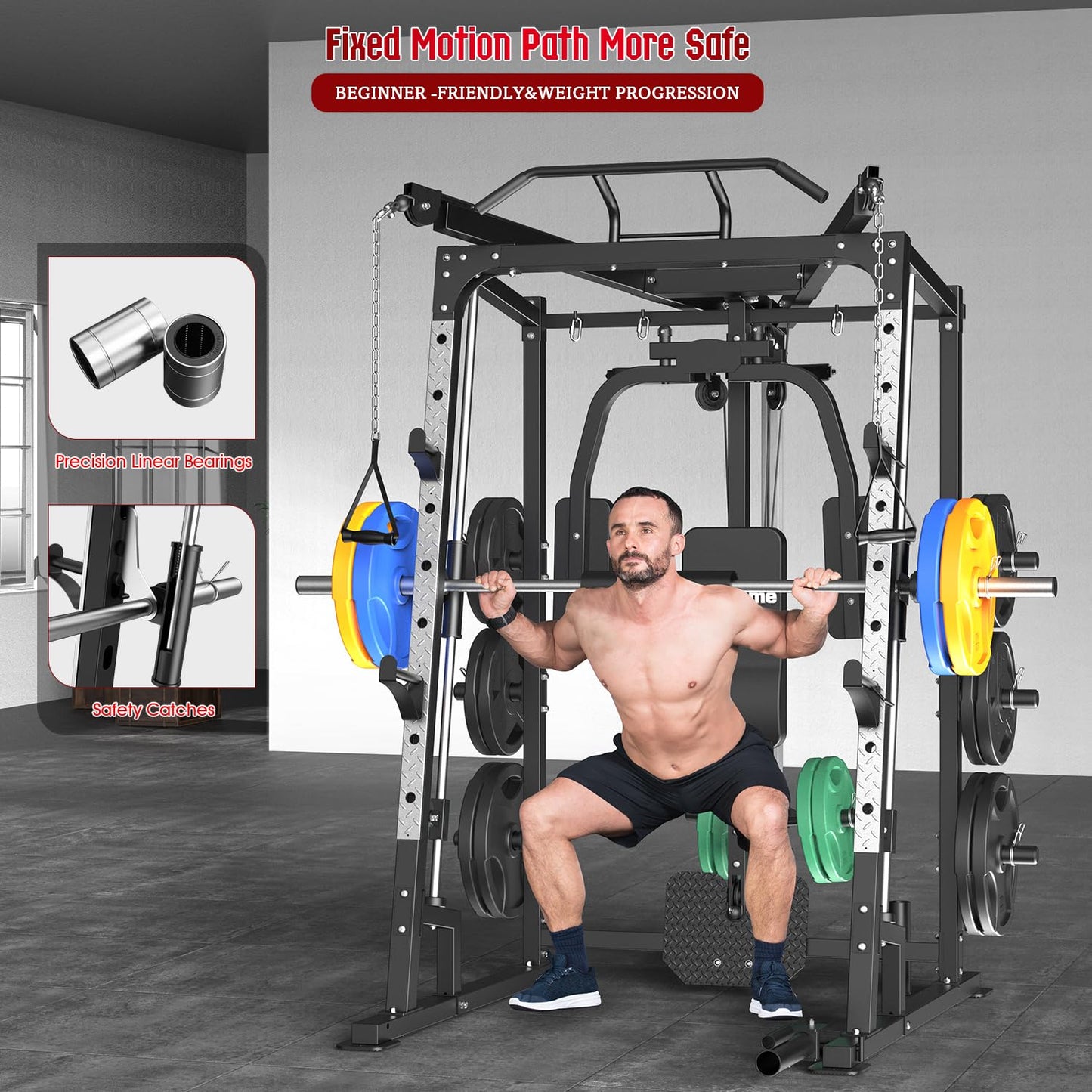 SunHome Smith Machine, Power Cage Squat Rack with Smith Bar, Two LAT Pull-Down Systems, Cable Crossover Machine and More Cable Attachment for Home Gym