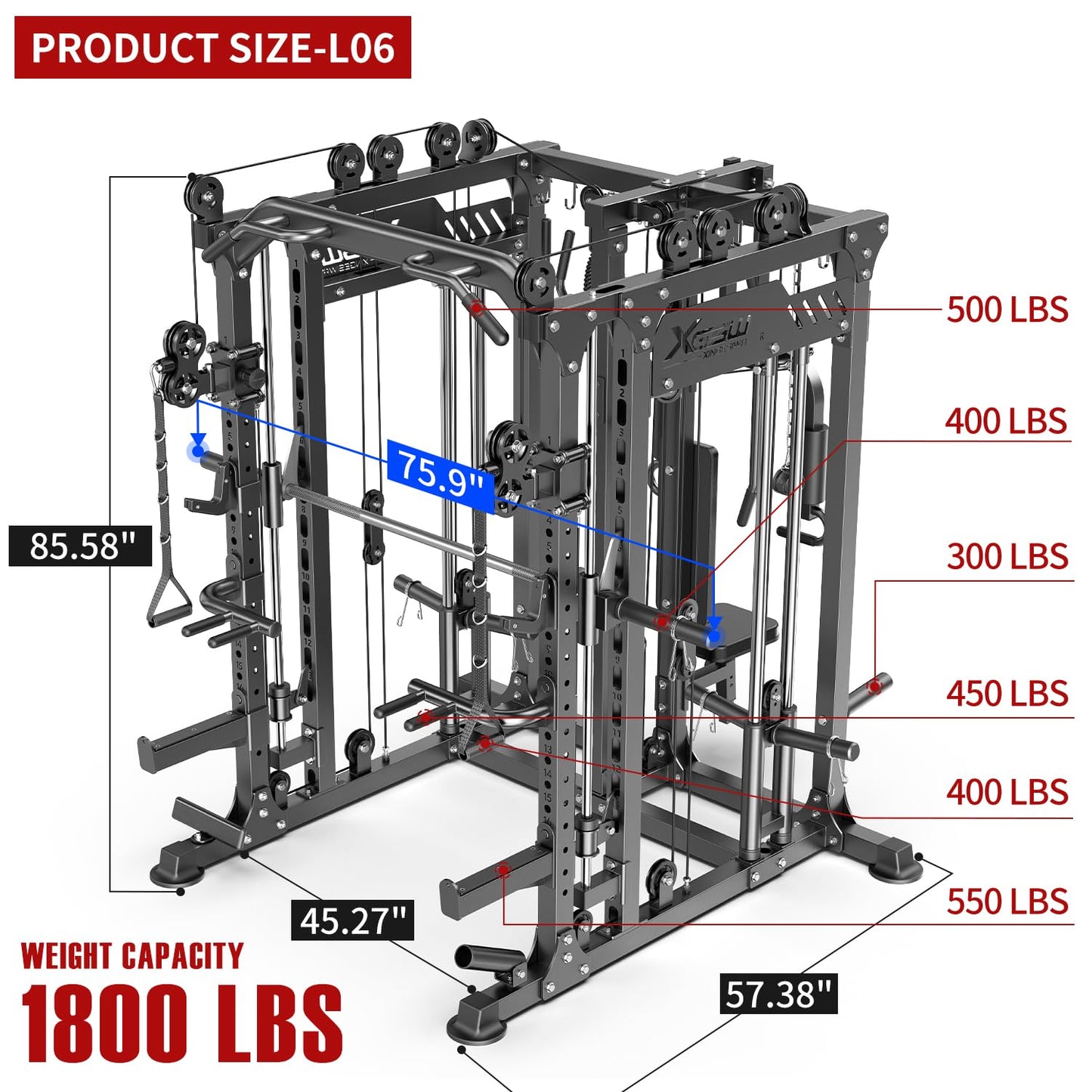 Multi-Purpose Squat Rack,Smith Machine Weight Rack Set with Cable Crossover System, Home Gym Power Racks, Power Racks and Packages (L06 two users, Power cage Black+bench+(pole+Cast lron)250LBS)