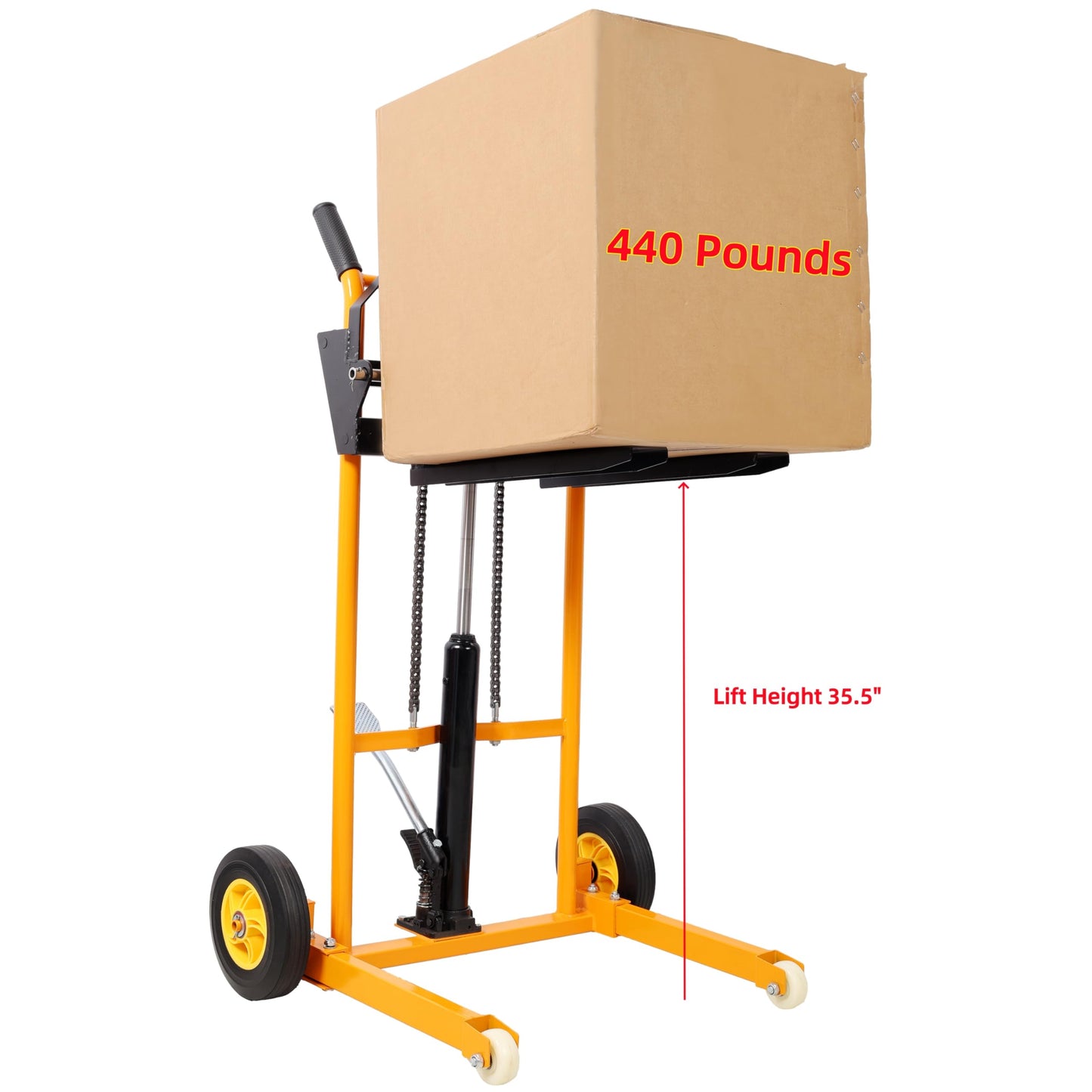 Manual Forklift Pallet Stakcer, 440 Lbs Capacity Hydraulic Material Lift, 35.5" Lift Height, Mobile Pallet Truck Dolly Stacker with Adjustable Forks and Fixed Legs, Yellow