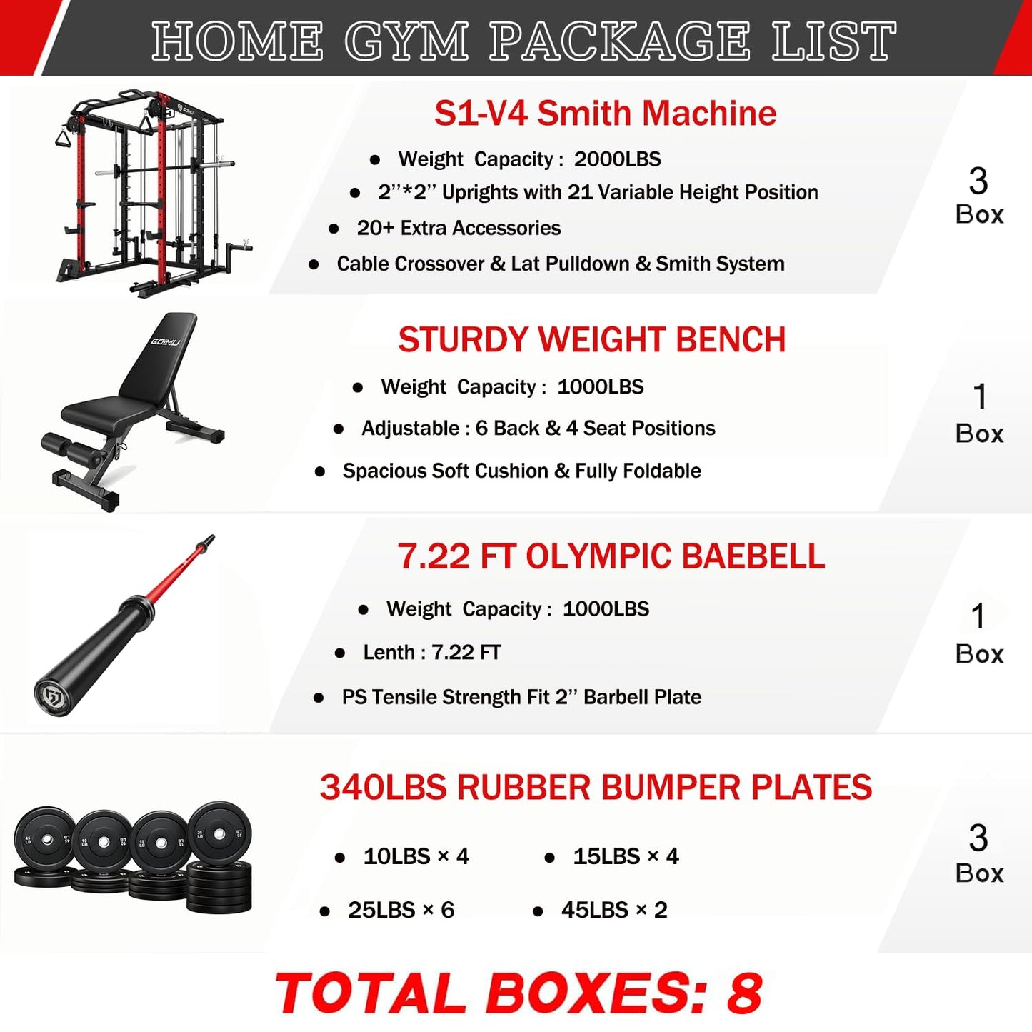 Goimu S1-V4 Smith Machine, 2000LBS Power Cage with Cable Crossover System, All-in-One Squat Rack with Smith Bar, Strength Training Equipment for Hone Gym (Red Smith Machine wiht 340lb Weights%Bar)