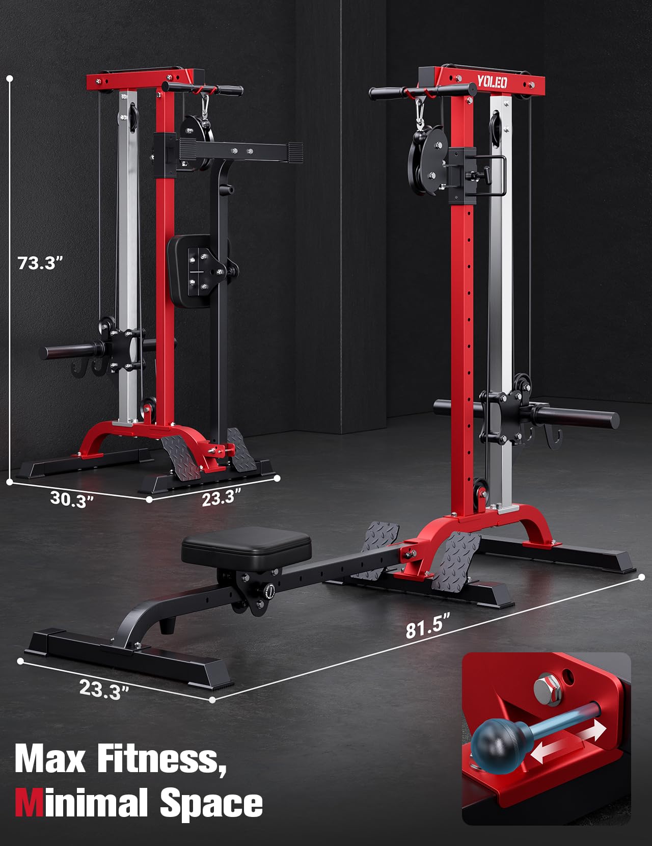 2-in-1 Adjustable Rowing Cable Machine & LAT Pulldown Station for Home Gym, Foldable Space Saver with 6 Attachments, Supports 450 Lbs Weight Plates