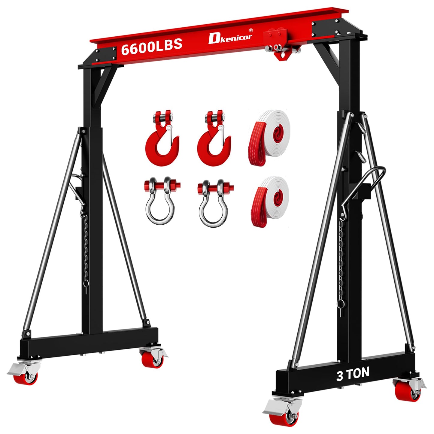 Dkenicor 3 Ton (Max.6600 LBS) Gantry Crane, Adjustable Height 8.53-12.47ft, Heavy-Duty Steel I-Beam Portable Hoist for Factories, Warehouses, Auto Repair, Construction, Red