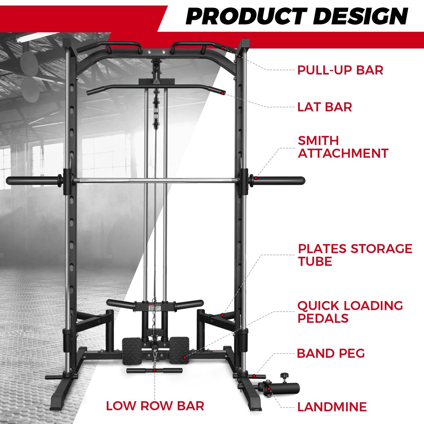 RitFit Smith Machine Power Rack with LAT-Pull Down System, Landmine, Barbell Bar, Plate Storage Pegs and More Training Attachment, 1000 LBS Multifunction Squat Rack for Home Gym