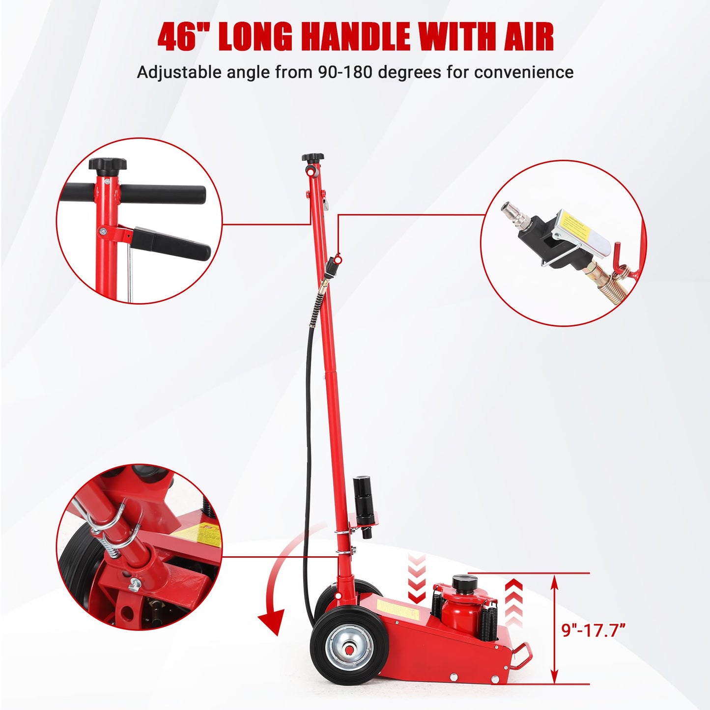 22 Ton Air Hydraulic Floor Jack for Heavy Duty Trucks & Tractors – 44,000 LBS Capacity, Low Profile (9"-17.7"), 4 Adapters (10/25/60/100mm), 46" Adjustable Handle – Dual Power (Air/Hydraulic)