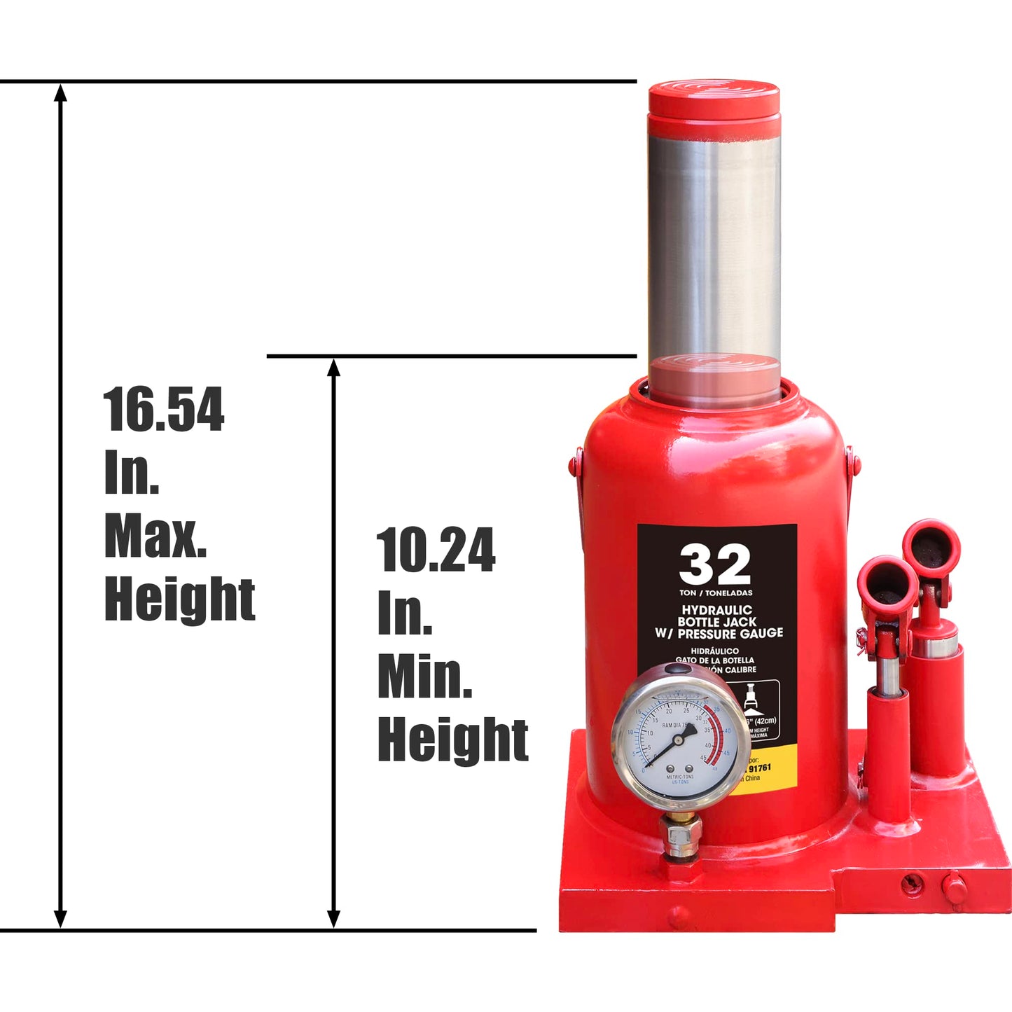 Torin Welded Hydraulic Double Piston Car Bottle Jack with Pressure Gage and Slow Release,32 Ton(64,000 lbs),red, ATH932001BB