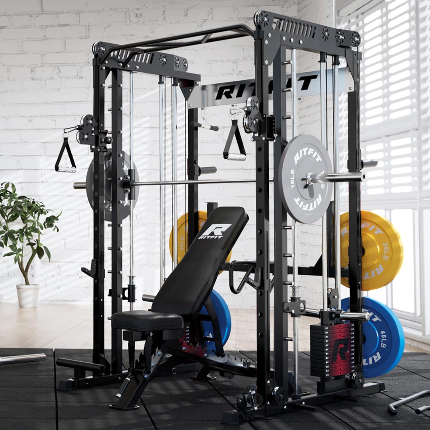 RitFit M1 Pro Smith Machine Package, All-in-One Power Cage with Weight Stack Set, Includes LAT Pulldown & Cable Crossover System for Home Gym