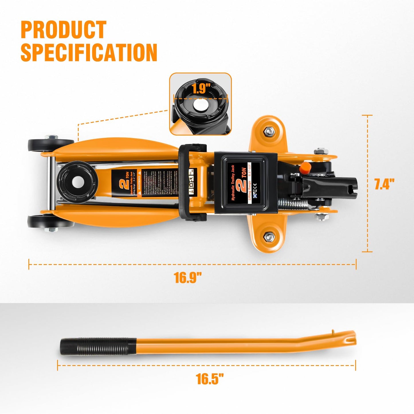 DNA Motoring Low Profile Hydraulic Trolley Service/Floor Jack, 2 Ton (4000 lbs) Capacity, Lifting Range 5.1"-13", Orange, TOOLS-00474-OG