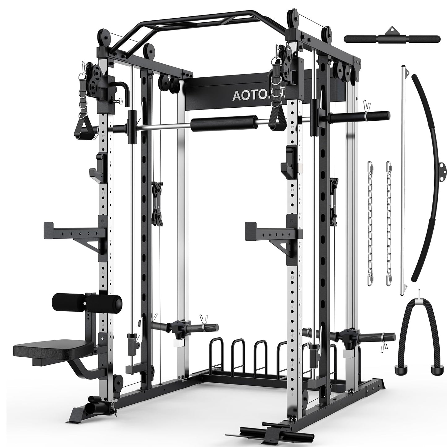 AOTORJAY Smith Machine Strength Training Squat Rack with Smith Bar, Power Cage with LAT Pull-Down Systems, Cable Crossover Machine for Home Gym and More Training Attachment (Smith Machine)