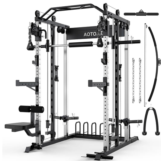 AOTORJAY Smith Machine Strength Training Squat Rack with Smith Bar, Power Cage with LAT Pull-Down Systems, Cable Crossover Machine for Home Gym and More Training Attachment (Smith Machine)