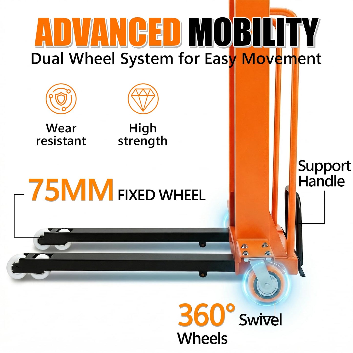 Material Lift Winch Stacker with Swivel & Rubber Wheels, 1100lbs Capacity Adjustable Straddle Material Lifter, Manual Material Lifts, Hand Winch Lift Trucks for Warehouse, Logistics, Factory