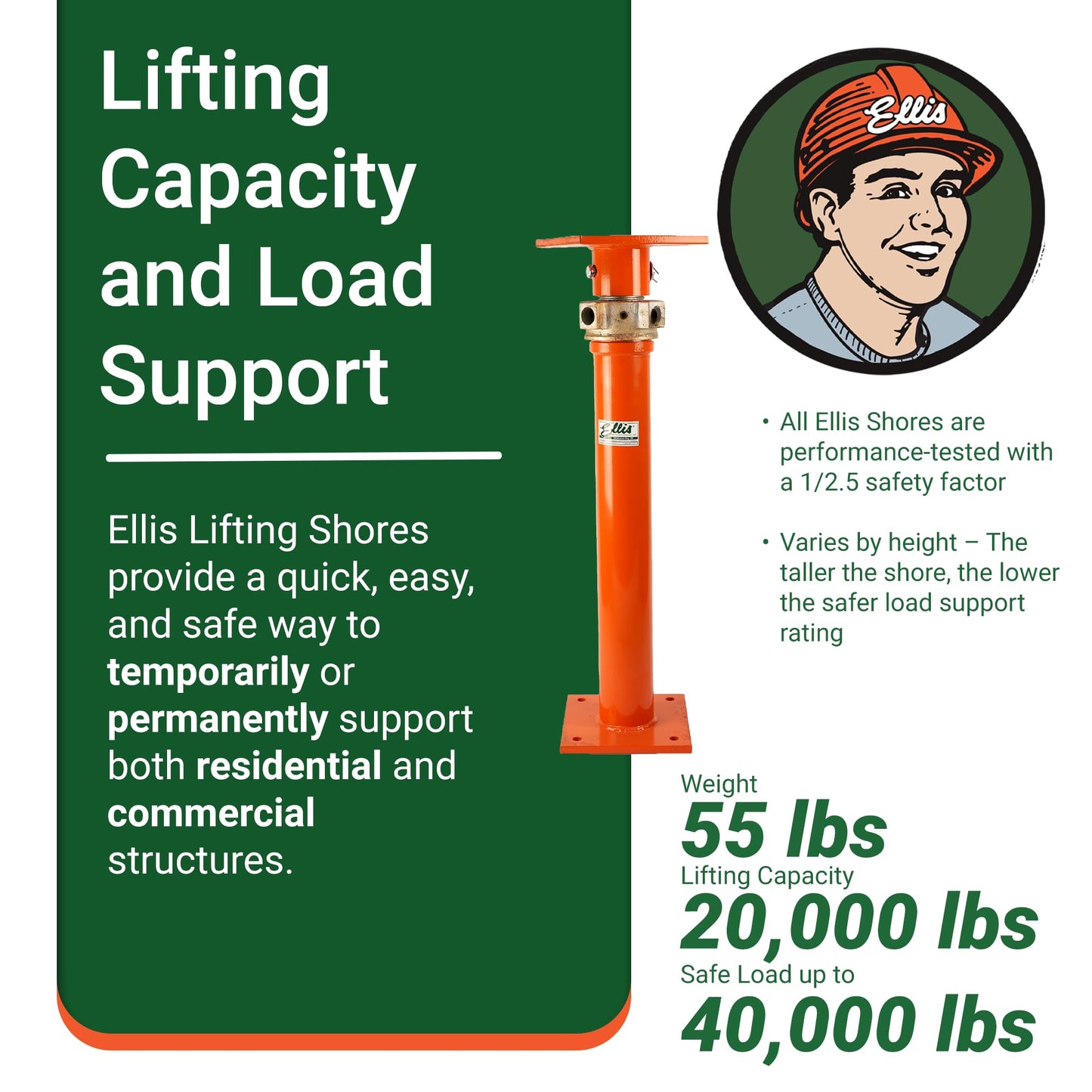 ELLIS Heavy-Duty Adjustable Steel Shore – Foundation Jack for Basement, Floor Leveling, and Concrete Bracing – 40,000 lb Safe Load Capacity – 31"-56" Adjustment