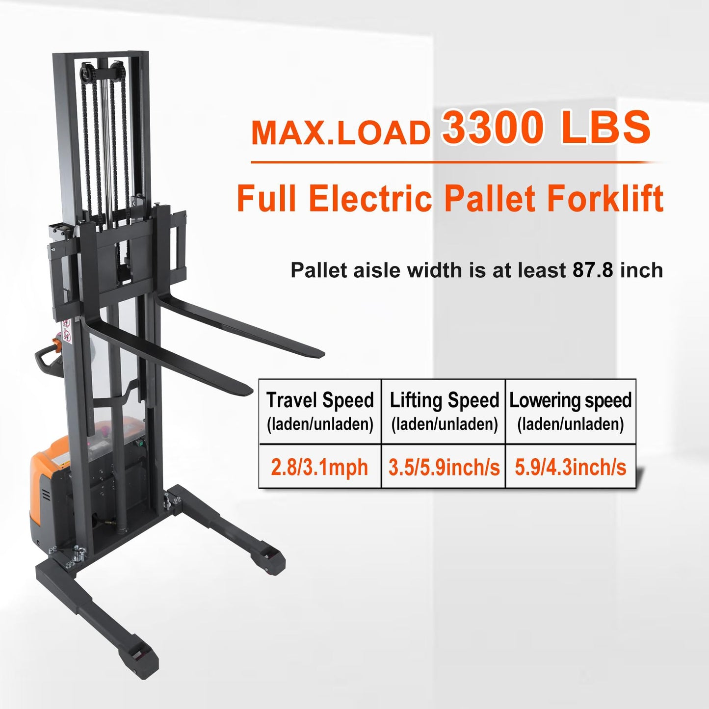 Tory Carrier Full Electric Stacker Power Straddle Forklift 3300 lb. Capacity 118'' Lifting Height with Adjustable Forks and Legs, Material Lifter Suitable Built-in Charger for Narrow Space Warehouse