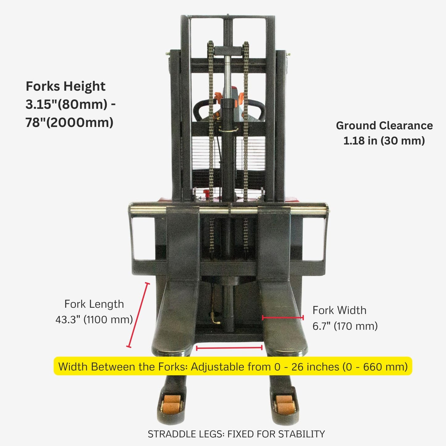 Full Electric Pallet Stacker, 3300 lb Capacity, 78" Lift Height, Walk-Behind Material Lift for Open-Bottom Pallets, Warehouse Stacker