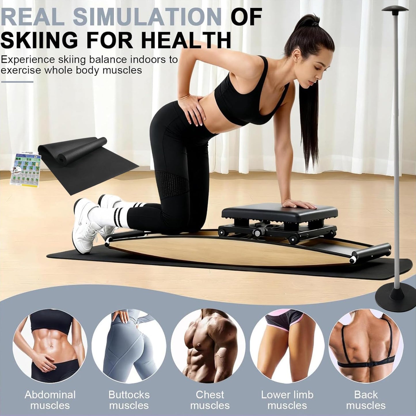 Indoor Ski Simulator Balance Board - 3D Ski Machine for Leg Exercise, 150kg Load Capacity, Includes Walking Stick & Floor Mat for Home Fitness