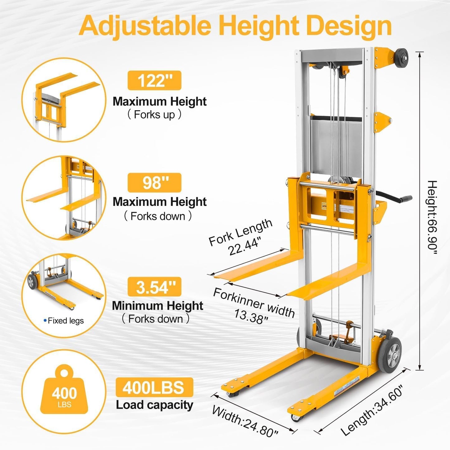ELOMBR 122" Material Lift Winch Stacker, 400 lbs Capacity Manual Material Lifts, Fixed Straddle Material Lifter, Hand Winch Lift Trucks for Warehouse, Factory, Lightweight, 34.60"L x 24.80"W, Yellow