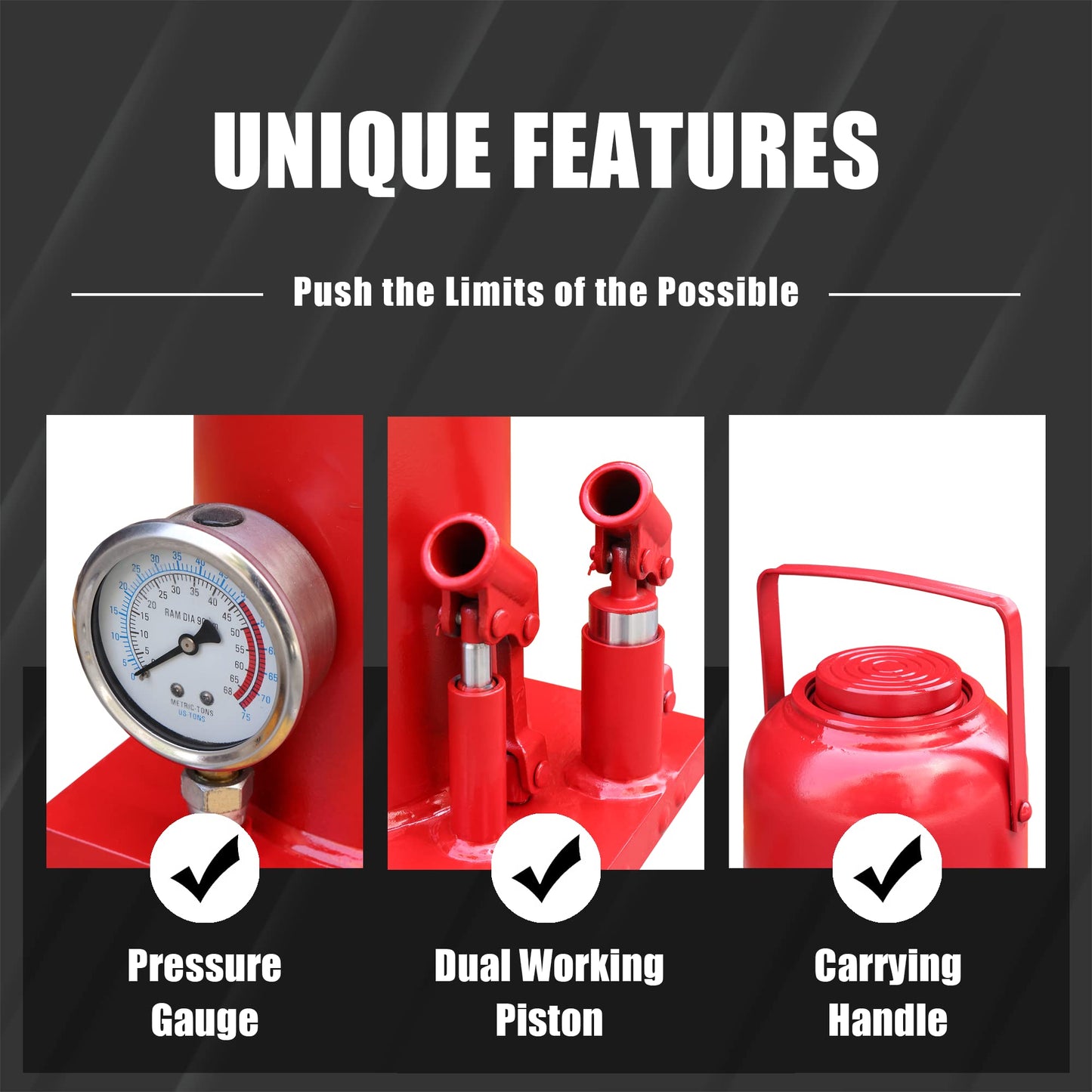 Torin Heavy Duty Professional Double Piston Quick Lift Car Bottle Jack with Gauge and Slow Release for Construction Stabilization,50 Ton (100,000 LBs), Red, ATH950001BB
