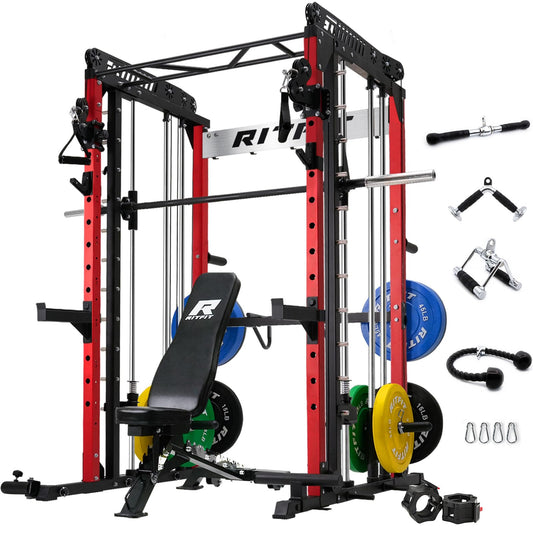 RitFit M1 Smith Machine with Cable Crossover System, Multi-Function Squat Rack Power Cage for Home Gym, Power Rack and Packages (M1 Package (with Color BP 260 LBS), Red)