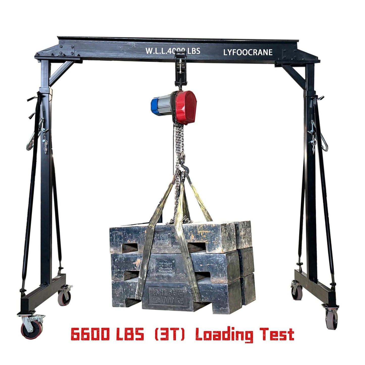 2T (6600 lbs Static Loading Test) Gantry Crane, Height Adjustable 7.78~11.04 ft, Garage Crane 2T with Manual Trolley, 328 ft Webbing Straps, Shackles & Slings