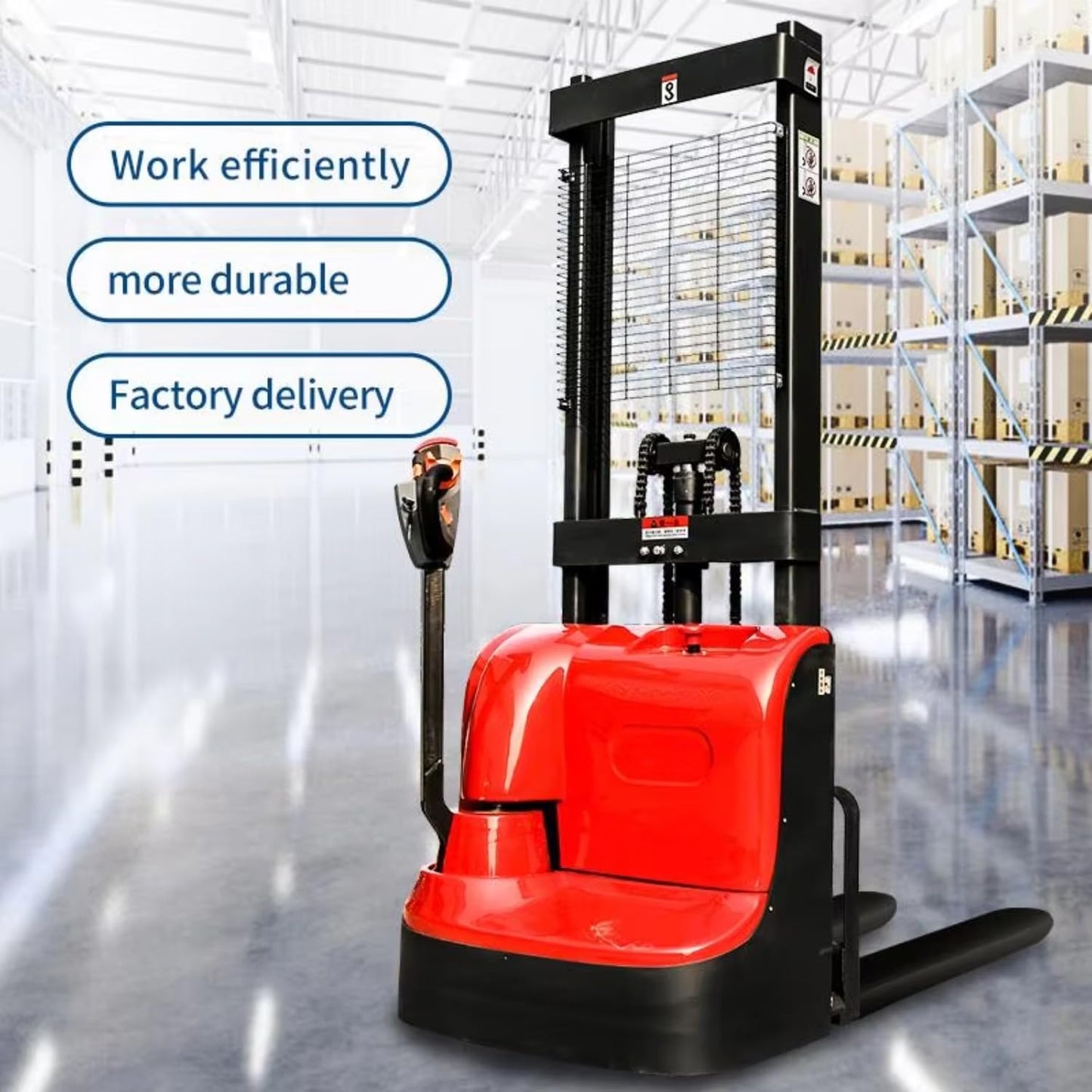 1.5–2 Ton Full Electric Pallet Stacker, Walk-Behind Lift Truck for Warehouse Material Handling
