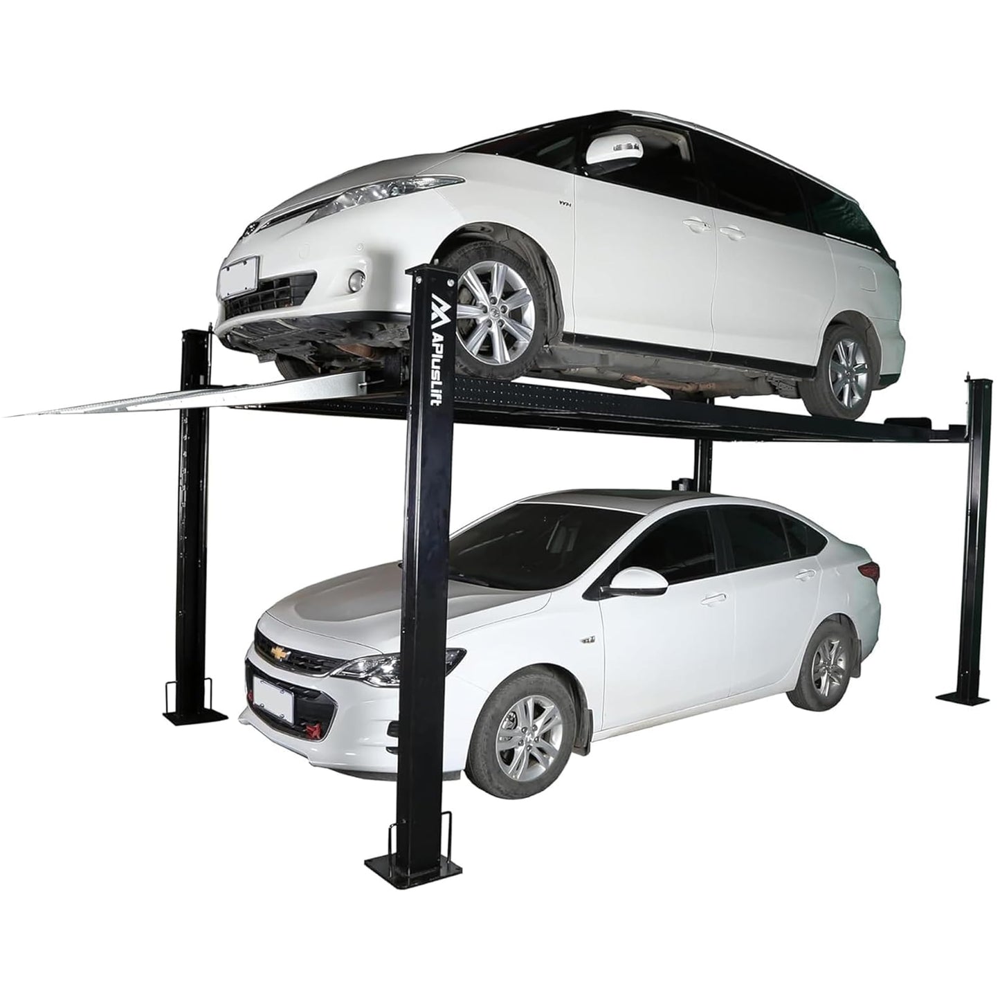 APlusLift HW-8SXLT 8000LB Extra Tall Extra Long Extra Wide 4-Post Portable Storage Service Car Lift with Aluminum Ramps / 36 Months Part Replacement